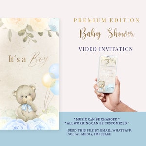 Teddybeer baby shower uitnodiging, video-uitnodiging, blauwe bloemen, teddybeer ballon PREMIUM EDITION