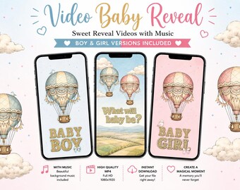 Hot Air Balloon Gender Reveal Video | Baby Boy & Girl Reveal Animation, Instant Download MP4, Baby Reveal for Phone, WhatsApp, Social Media