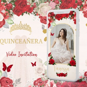 Convite de vídeo Quinceañera, rosas vermelhas e convite dourado XV, vídeo personalizado Mis 15, floral e vestido, espanhol ou inglês