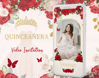 Quinceañera Video Invitation, Red Roses and Gold  XV Invite,  Custom Mis 15 Video, Floral & Dress, Spanish or English