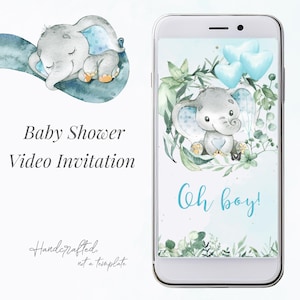 Invito video per baby shower / Tema elefante blu e eucalipto / Video "È un maschietto"