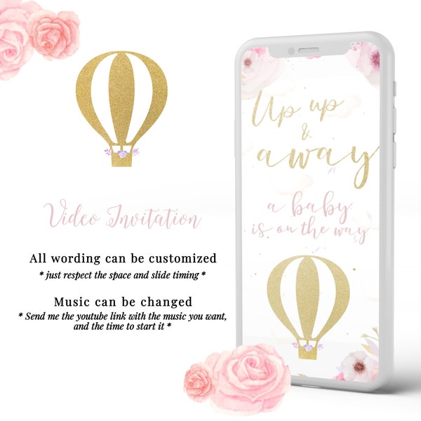 Hot air balloon video invitation, Hot Air Balloon Baby Shower Invitation, Video invitation, baby girl, Pink floral, Hot Air Balloon in 24hs!