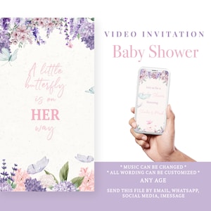 Butterfly Baby Shower Invitation, butterflies purple flowers, Butterfly video invitation in 24hs!