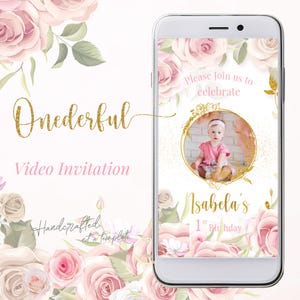 Onederful First Birthday Video Invitation – Personalized Pink & Gold Floral Invite for Girl, Any Language, Isn’t She ONEderful
