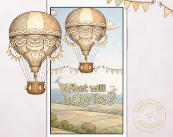 Gender Reveal Video Invitation – Hot Air Balloon, Vintage Storybook Style, Neutral Tones