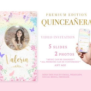 Invito video per la Quinceañera, invito digitale per i 15 anni, rosa e blu, farfalle e fiori colorati, spagnolo o inglese, include 2 foto
