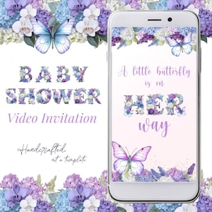 Invito video per baby shower, invito per baby shower con farfalle, invito video digitale primaverile con farfalle floreali lilla blu polvere e fiori di campo