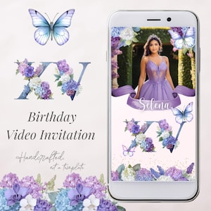 Frühlingstraum Quinceañon Video Einladung | Staubig Blau Lila Rosa Blumen Schmetterling | Sweet 16, XV Digital Video Invite | Geburtstagsvideo