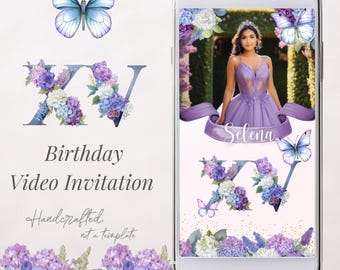 Dusty Blue Quinceañera Video Invitation: Floral Butterfly Sweet 16 (Digital video Invite)