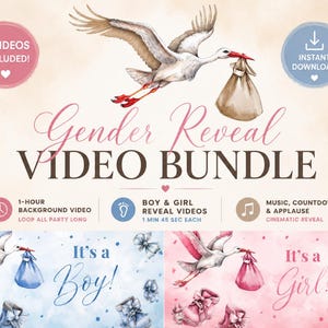 May include: A digital Gender Reveal Video Bundle with a stork carrying a bundle. The text includes "Gender Reveal VIDEO BUNDLE", "It's a Boy!", and "It's a Girl!" with additional details about the videos.