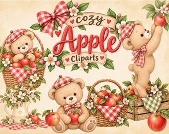 Teddy bear Apple Orchard Clipart Bundle, PNGs, Baby Shower Clipart, Watercolor, Cozy Fall Scrapbook, Commercial Use