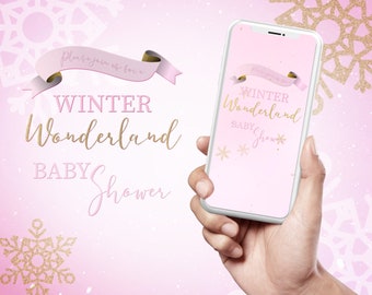 Winter Wonderland Baby Shower video invitation, Pink and gold