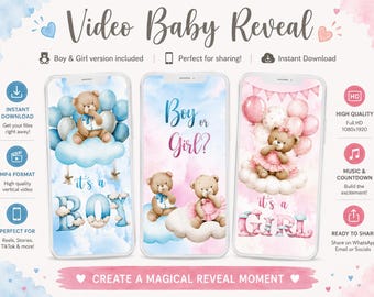 Gender Reveal Video Bundle – Teddy Bear Cloud Balloons | It's a Boy & It's a Girl | Instant Download