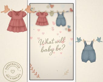 Gender Reveal Invitation: Boho Clothesline  | Animated Invite |  Vintage Baby Shower | Dusty Pink and Blue