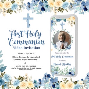 Invito alla Prima Comunione, invito video, eucalipto, fiori blu, invito alla Comunione cristiana