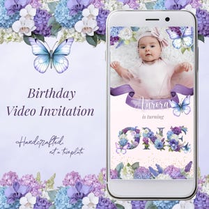 Schmetterling Geburtstags-Video-Einladung - Frühling Dusty Blue Lilac Floral | Digitale Party-Einladung für jedes Alter und jede Sprache