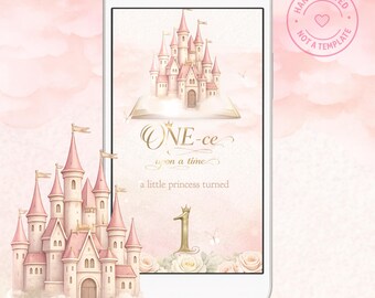 One-ce Upon a Time First Birthday Video Invitation, Fairy Castle Birthday Invite, Personalized Girl 1st Birthday Digital Invitation