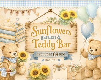 Here Comes the Son Clipart | Watercolor Teddy Bear PNG, Sunflower Baby Shower Clipart, Boy Baby Shower, Nursery Decor, Commercial Use