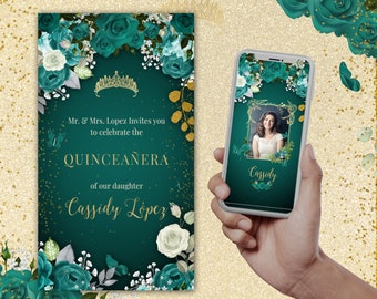 Quinceanera Video invitation, Quince Video Invite, Sweet 16 Video Invite, Green roses gold or silver, English or spanish, Elegant XV invite