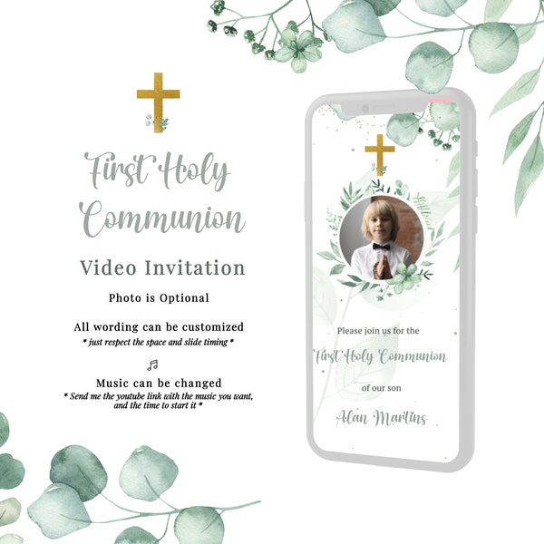 First Holy Communion Invitation, video invitation, eucalyptus, gold , christian Communion invite