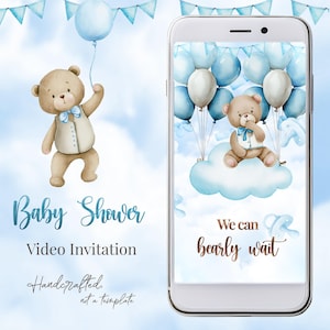 Video invito per baby shower con orsetto di peluche - Video animato per bambino / Orsetto con palloncini blu e nuvole / Non vediamo l'ora