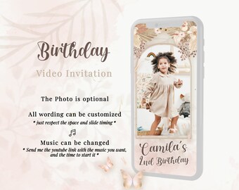Boho Butterflies Birthday video Invitation, pampa grass, any age, 24hs!