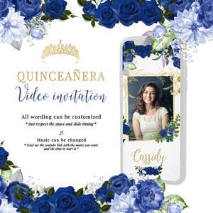 Invito video per la Quinceañera, invito digitale per i 15 anni, blu e oro o argento, video personalizzato con farfalle e rose blu, spagnolo o inglese