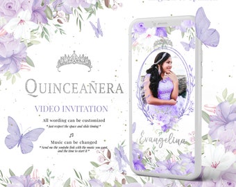 Quinceanera Video invitation, Quinceañera Animated Video Invite, Sweet 16 Video Invite, Purple flowers, silver details, Dress Quinceanera