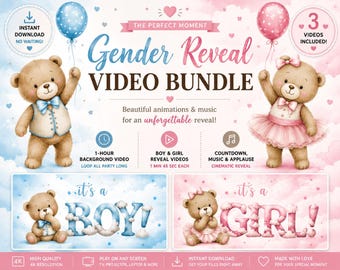 Teddy Bear Gender Reveal Video Bundle | It’s a Boy & Girl Reveal Animation | Baby Shower Projection Video | Instant Download