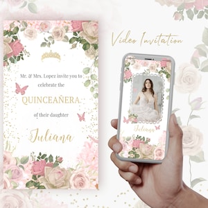 Convite em vídeo para quinceañera, convite digital para festa de 15 anos, rosa blush e dourado, convite doce com borboletas, foto opcional, espanhol ou inglês