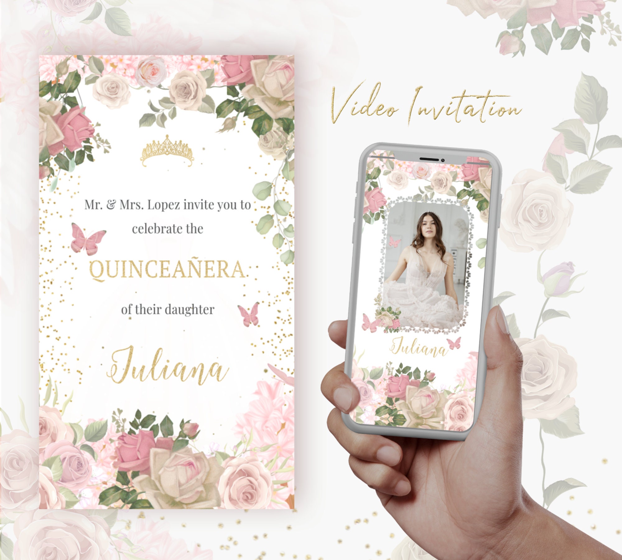 Quinceañera Video Invitation, Sweet 15 Digital Invite, Pink Blush & Gold, Butterflies Sweet invitation,  optional photo, Spanish or English