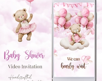 Teddy Bear Baby Shower Video Invitation – Pink Balloons and Clouds (Digital)