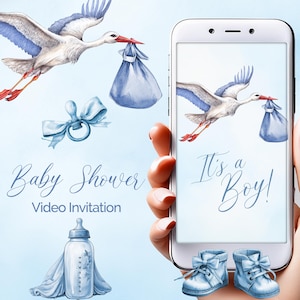 Video invito per baby shower a forma di cicogna / Video invito animato per consegna speciale / Invito elettronico per baby shower blu / Invito digitale per baby shower per bambini
