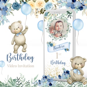 Invito per il primo compleanno di Teddy Bear, video invito di eucalipto orsetto blu, fiori blu, in 24 ore!