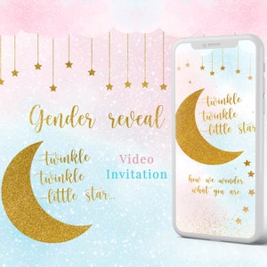 Twinkle Twinkle Little Star Gender Reveal Video Invitation | Gold Moon and Stars Gender Reveal Party Invite