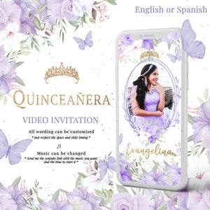 Quinceañera Video Invitation With Photo, Purple and Gold Floral Invite, Custom XV Video, Spanish or English, delicate Butterflies invitation