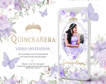 Quinceañera Video Invitation With Photo, Purple and Gold Floral Invite, Custom XV Video, Spanish or English, delicate Butterflies invitation