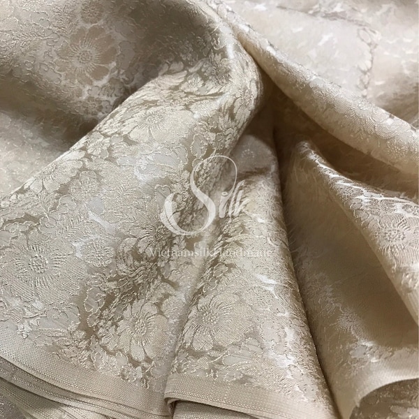 Beige PURE MULBERRY SILK fabric by the yard - Floral Silk - Natural silk - Handmade in VietNam - Silk with Daisy Patterns