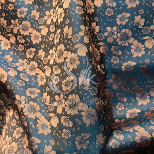 PURE MULBERRY SILK fabric by the yard - Natural silk - Handmade in VietNam - Green silk with bronze flowers
