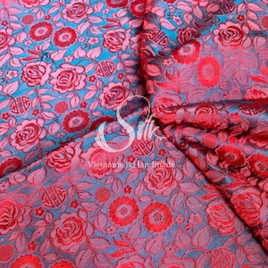 PURE MULBERRY SILK fabric by the yard - Silk with Red Rose - Natural silk - Handmade in VietNam