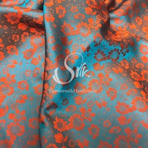 PURE MULBERRY SILK fabric by the yard - Natural silk - Handmade in VietNam - Green silk with orange flowers