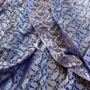 PURE MULBERRY SILK fabric by the yard - Navy Silk with Grey Paisley patterns - Natural silk - Handmade in VietNam