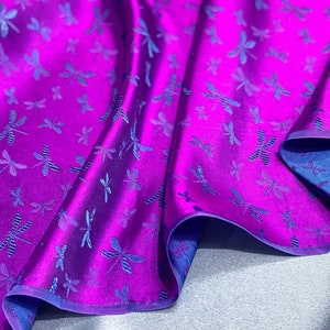 PURE MULBERRY SILK fabric by the yard - Dragonfly pattern - Natural silk - Handmade in VietNam
