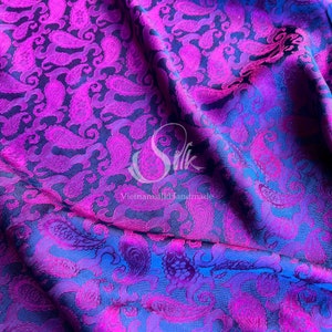 PURE MULBERRY SILK fabric by the yard - Pink Purple Silk with Navy Paisley patterns - Natural silk - Handmade in VietNam