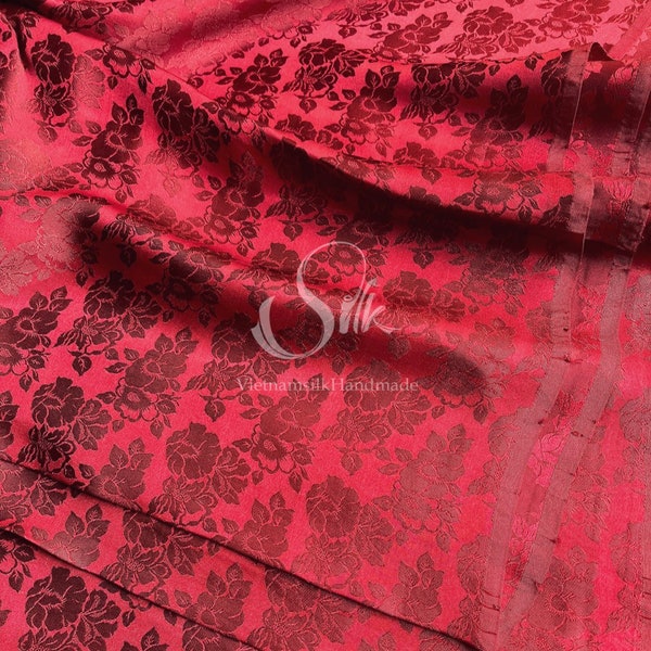 PURE MULBERRY SILK fabric by the yard - Double Flowers Silk - Brown Red Floral Silk - Natural silk - Handmade in VietNam