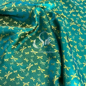 PURE MULBERRY SILK fabric by the yard - Dragonfly pattern-  Natural silk - Handmade in VietNam - Green Dragonfly Pattern