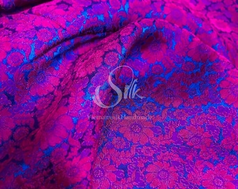 PURE MULBERRY SILK fabric by the yard - Floral Silk - Daisy Flower - Navy Silk with Pink Flowers- Natural silk - Handmade in VietNam