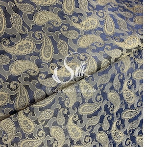 PURE MULBERRY SILK fabric by the yard - Paisley Pattern - Gold Blue Silk - Natural silk - Handmade in VietNam