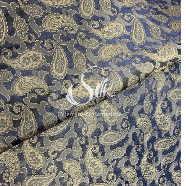 Tissu PURE MULBERRY SILK par jardin - Paisley Pattern - Gold Blue Silk - Soie naturelle - Fait à la main au VietNam