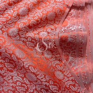 PURE MULBERRY SILK fabric by the yard - Orange Silk - Organic Silk - Floral Silk - Natural silk - Handmade in VietNam